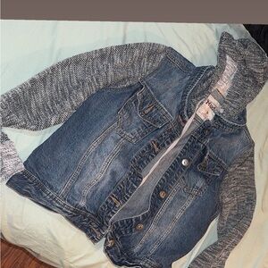 Denim Jacket with Knit Sleeves
